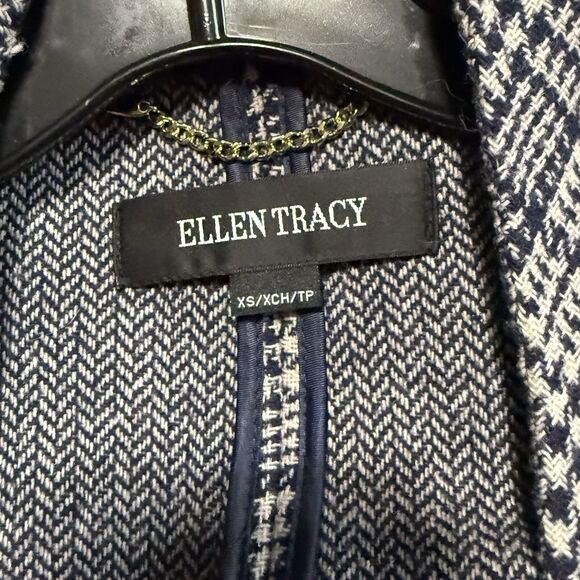 New Ellen Tracy Women’s XS Wool Open Front Coat Navy Cream Houndstooth Pockets - Picture 3 of 4